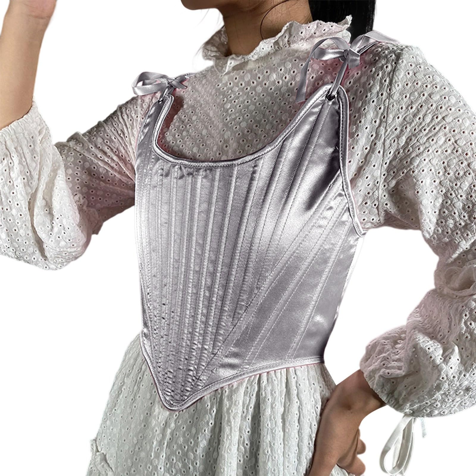 Zanisouta Women's Renaissance Satin Body Shaper with Vertical Line Bustier Lacing Overbust Vintage Costume Medieval Clubwear Underwear Corset Top Retro Corset Corset, O Grey, L