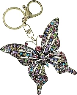 Evenchae Ornate Butterfly Keychain - Rhinestones, Gold Filigree Back, Drawstring Gift Bag - 5 in Long Purse Jewelry (pastel)