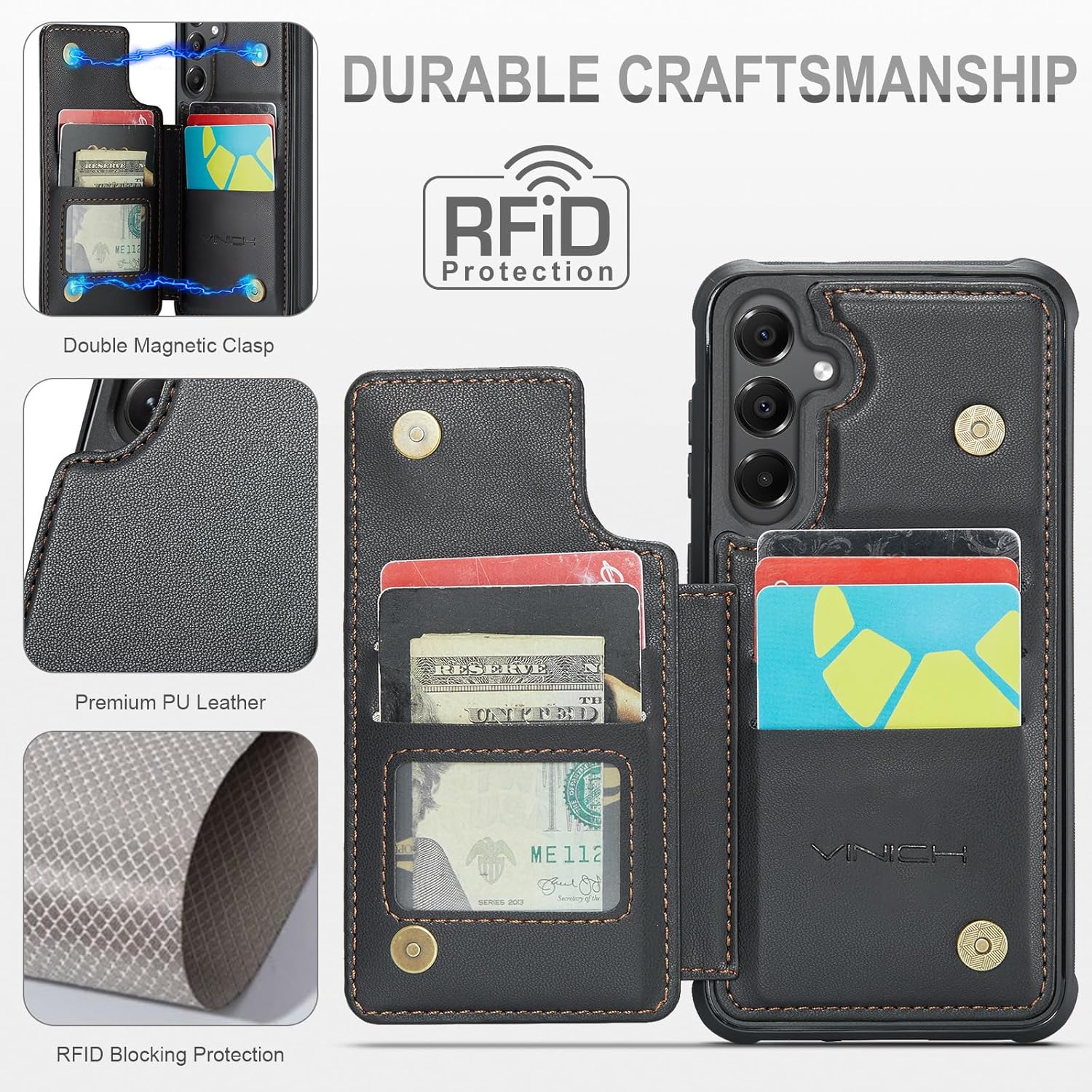 Vinich for Samsung Galaxy A16 Wallet Case with Card Holder, RFID Blocking Credit Slots Kickstand Shockproof Phone Cover Fit for Galaxy A16 6.7" Black - Image 2