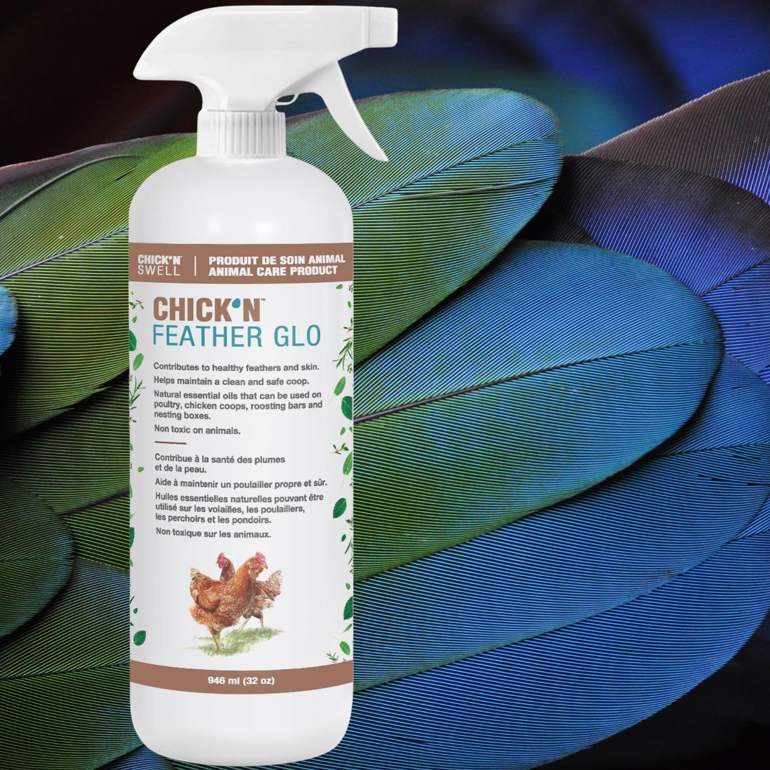Poultry Feather and Plumage Care Formulation- Chick’n Feather Glo from Chick’n Swell to Enhance and Promote Strong Plumage in Poultry with Optimal Feathers Development. 32 Fluid oz.