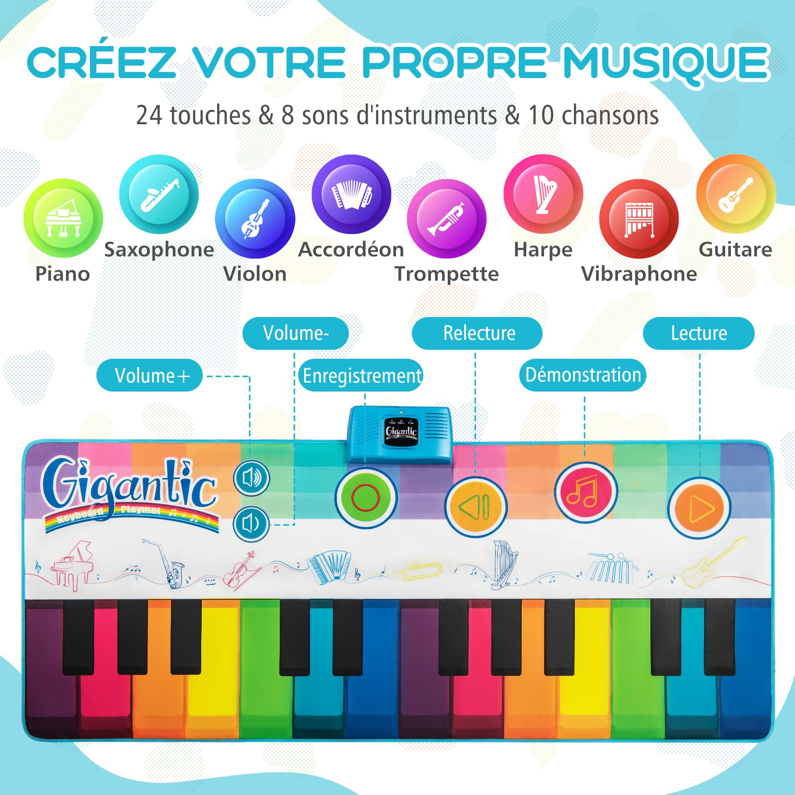 GOPLUS Tapis de Piano Enfant, 181CM Tapis de Danse Géant avec 24 Touches, 8 Sons d'Instruments, 10 Chansons, Jouet Éducatif Musical pour Filles Garçons 3+ Ans