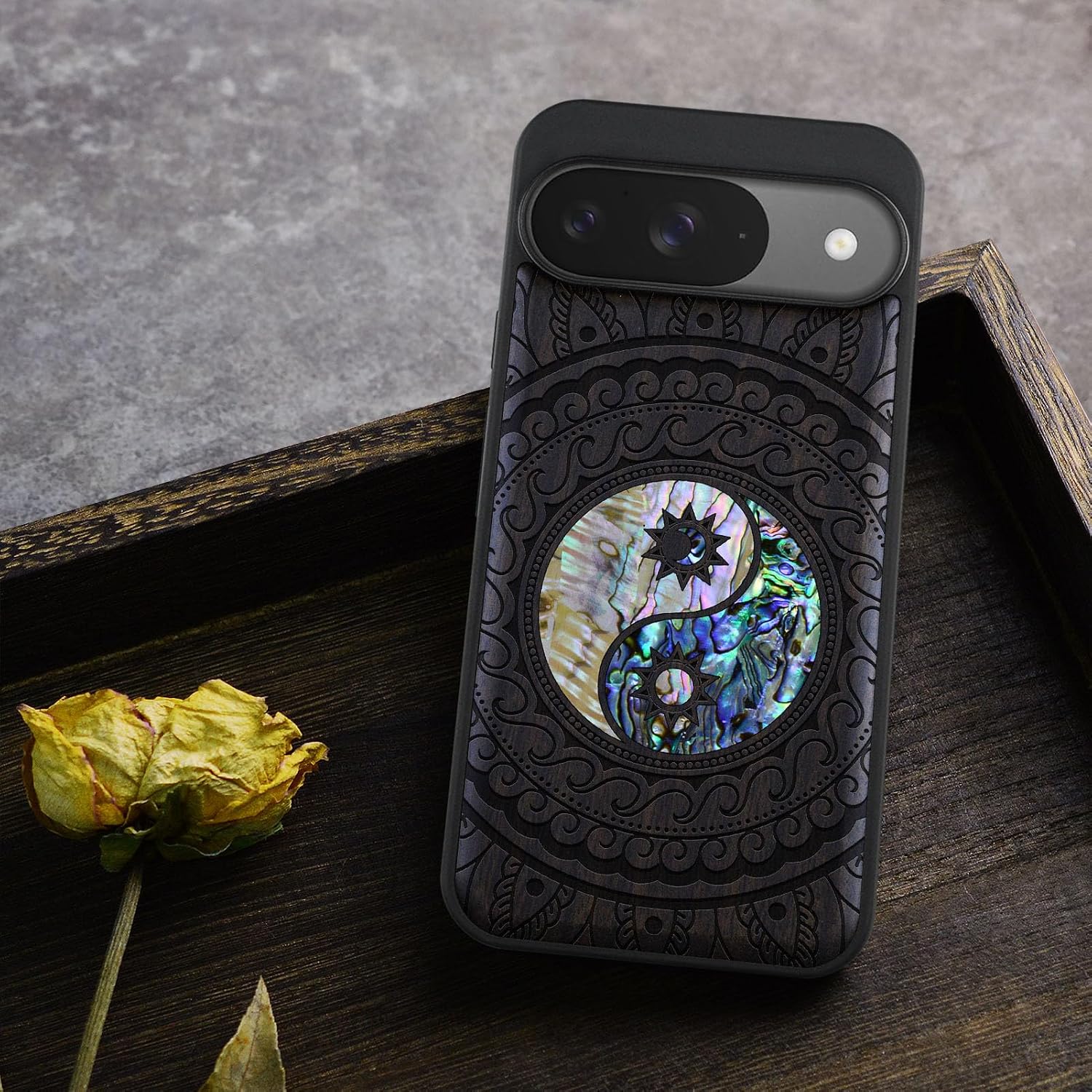 Carveit Magnetic Wooden Case for Google Pixel 9 Case, Wood Artisan Engraved & Handmade Shell Inlaid, Compatible with MagSafe Wireless Chargers, Yin Yang Paisley - Blackwood