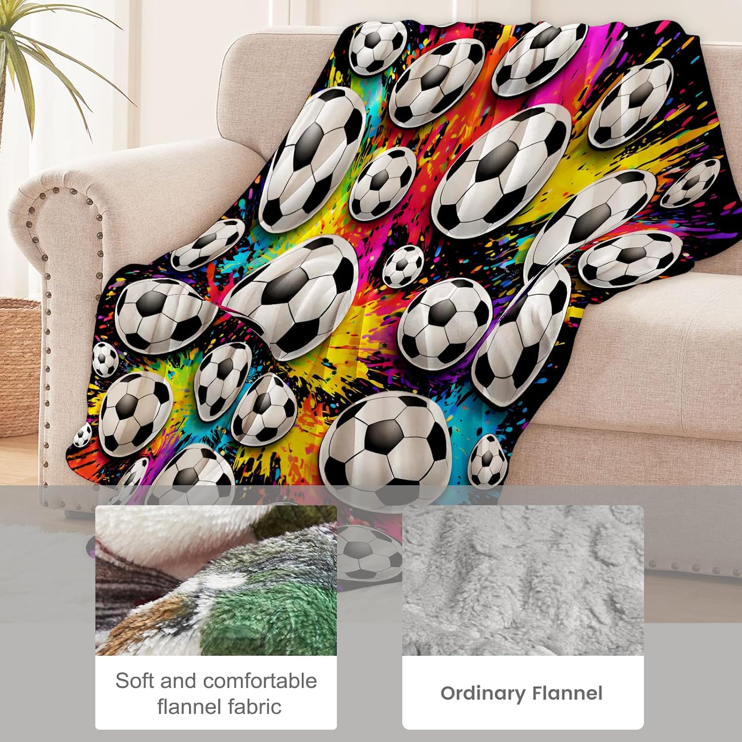Soccer Blanket for Sports Lovers and Fans, Colorful Splash Flannel Blankets, Players Team Soccer Gifts, Soft Warm Cozy Throws for Sofa Couch Bed Living Room Bedroom Home Decor 60" x 50"