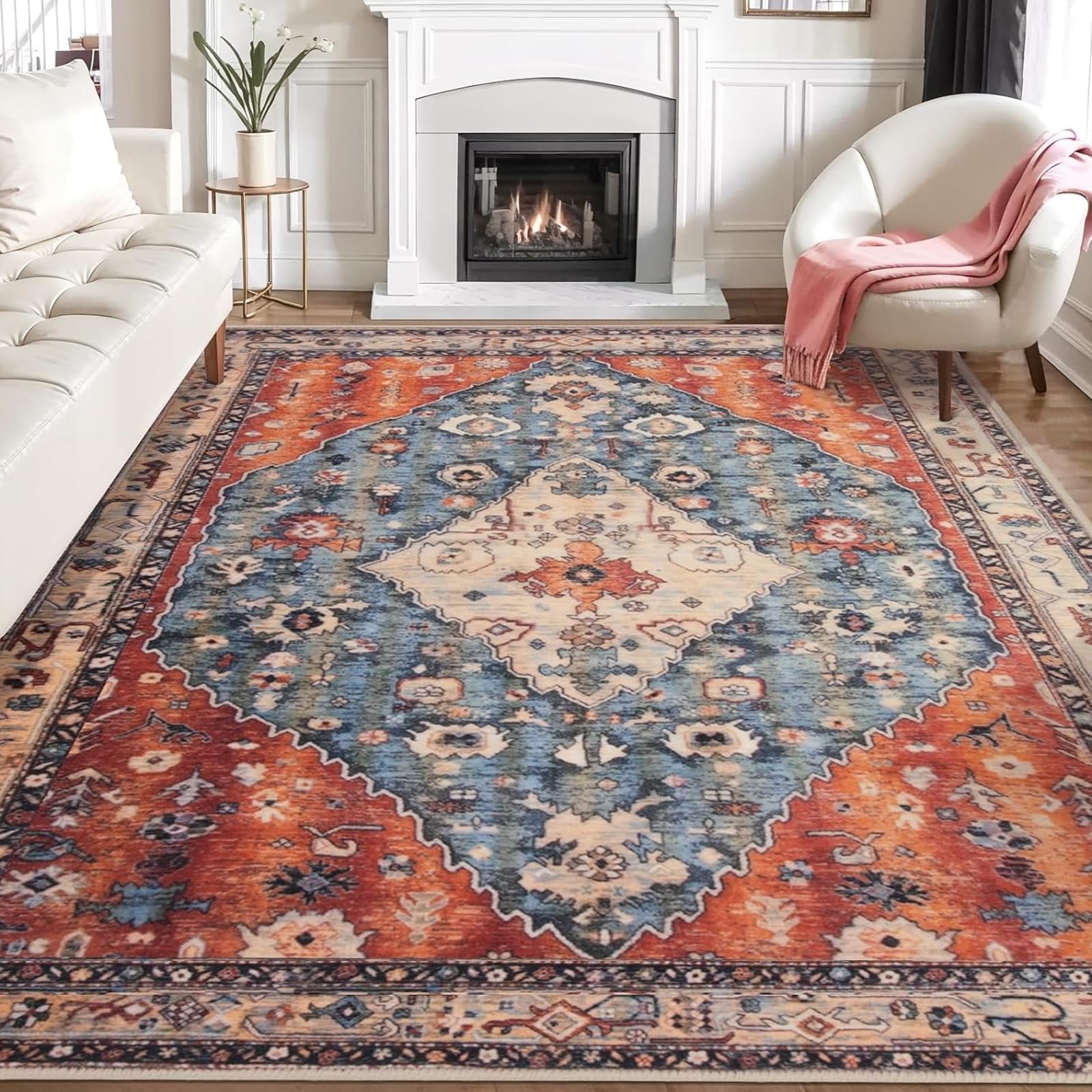 Tapis design moderne salon bleu orange vintage oriental multicolore tradition de 100x160