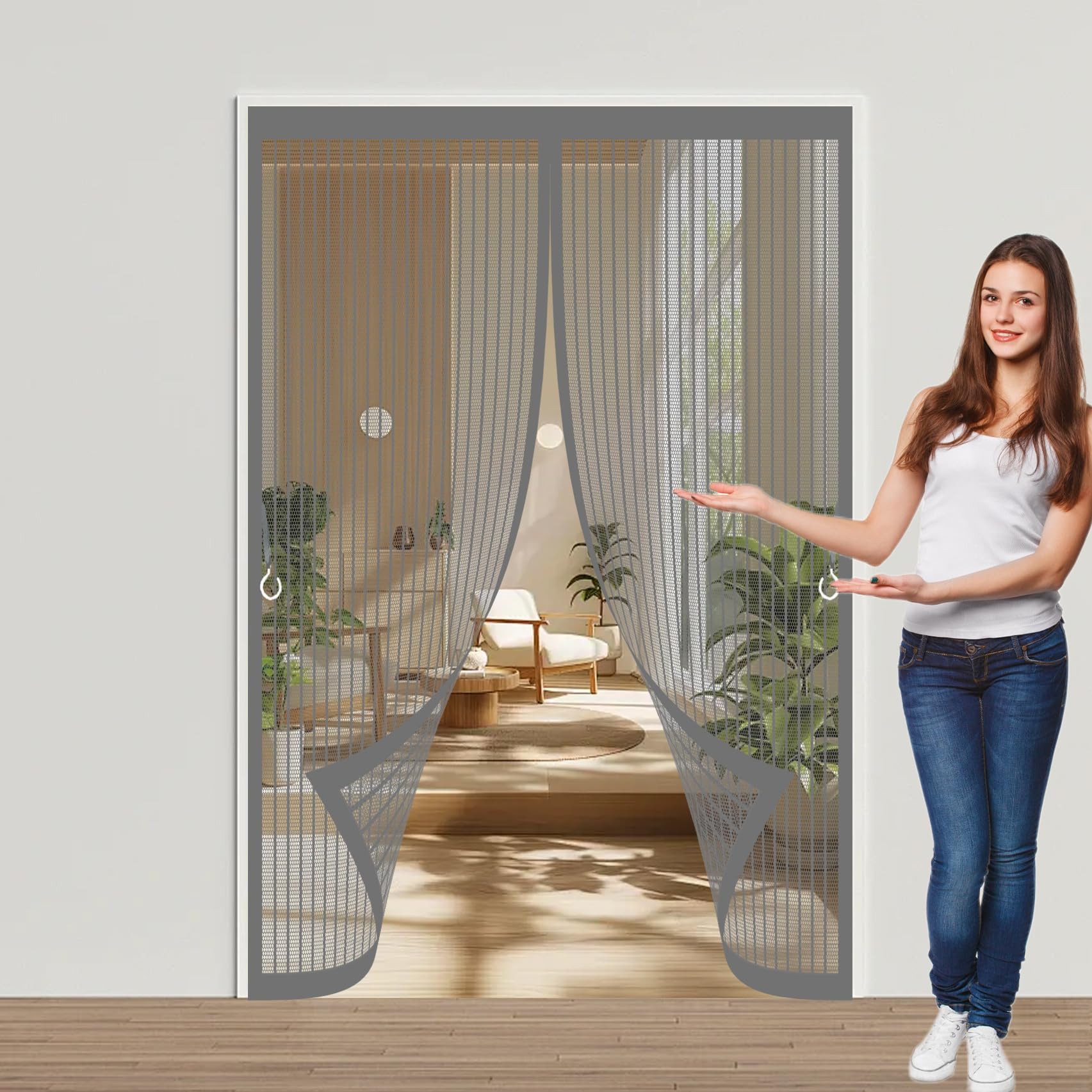 Magnetic Screen Door 89 x 204 cm with Powerful Magnets & Full Frame Magic Tape, Keep Bugs Out & Lets Fresh Air in Magnetic Thermal Door Curtain for Patio Doors Balcony, Grey