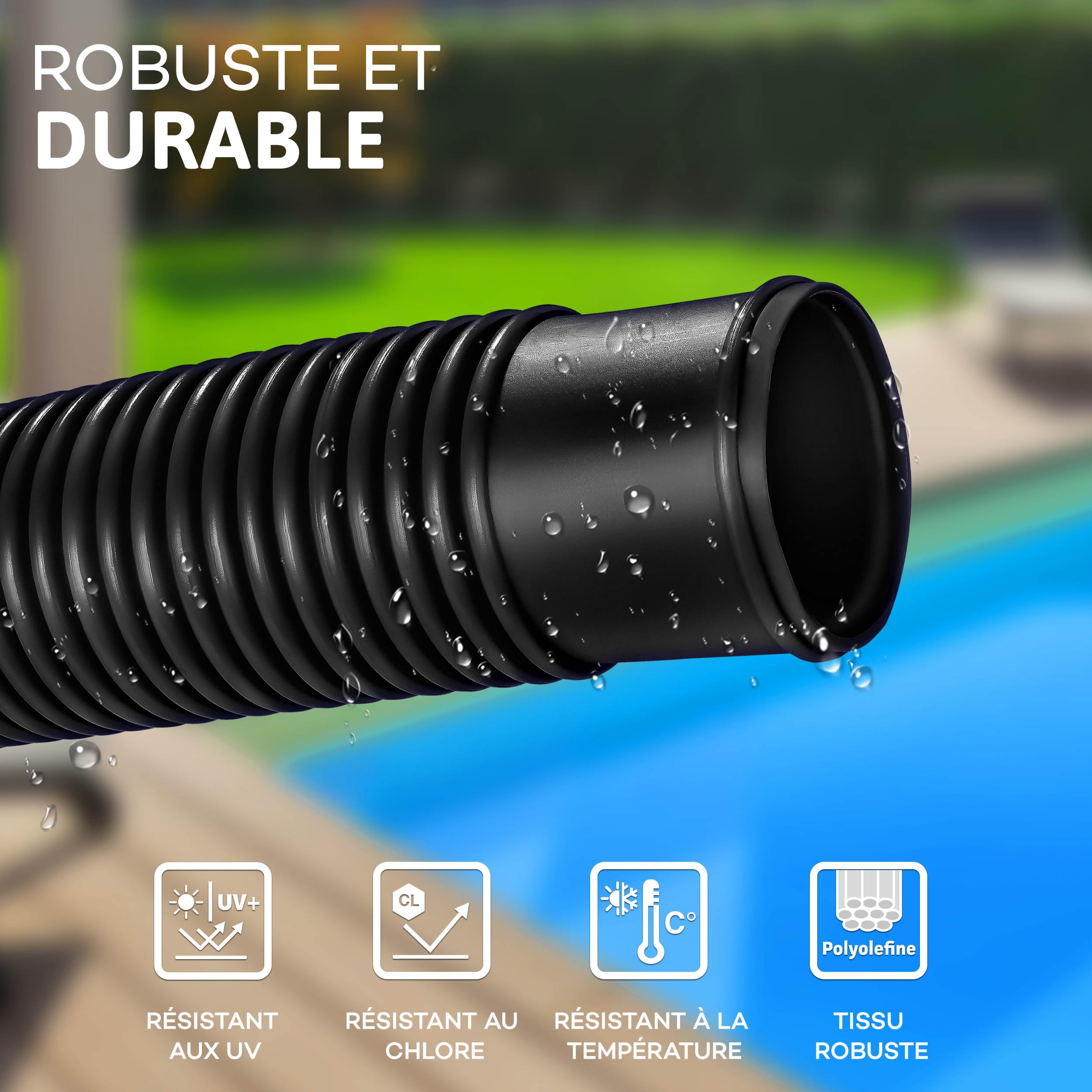 Tillvex Tuyau pour piscine avec manchons, solaire, pour piscine et bassin, pour aspiration, pour pompe, flexible pour eau (noir, 30 m / 38 mm)