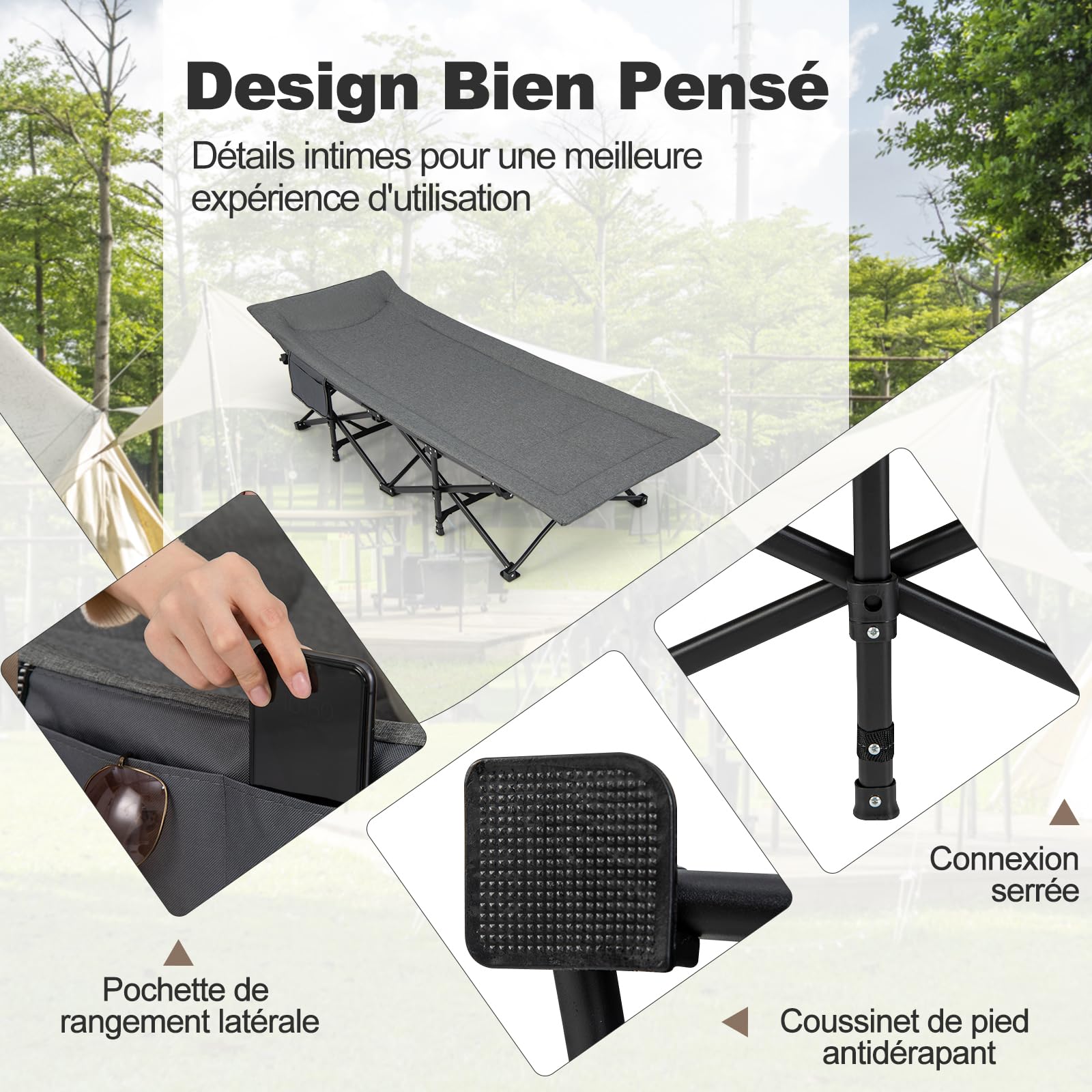 GOPLUS Lit de Camp, Lit de Camping Pliant avec 10 Pieds de Soutien et Sac de Transport, pour Voyage, Camping, Plage, Cadre Fort en Acier, 190X68,5X48,5CM, Charge 200KG (Gris)