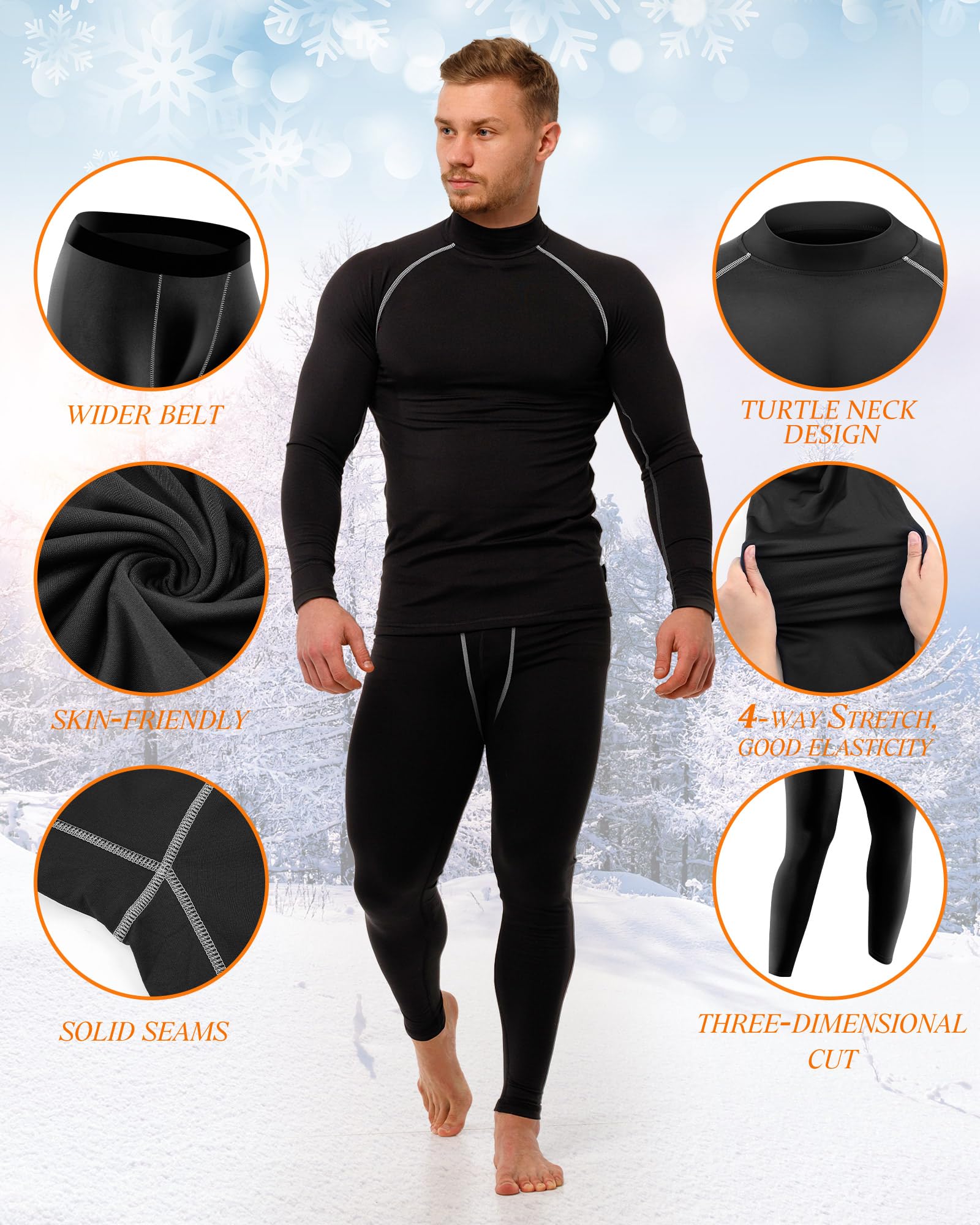Hicarer Thermo-Unterwäsche-Set für Herren, mit Fleece gefüttert, Sportunterwäsche, Winterunterteil für Workout, Sport, Jagd, 4 Sets