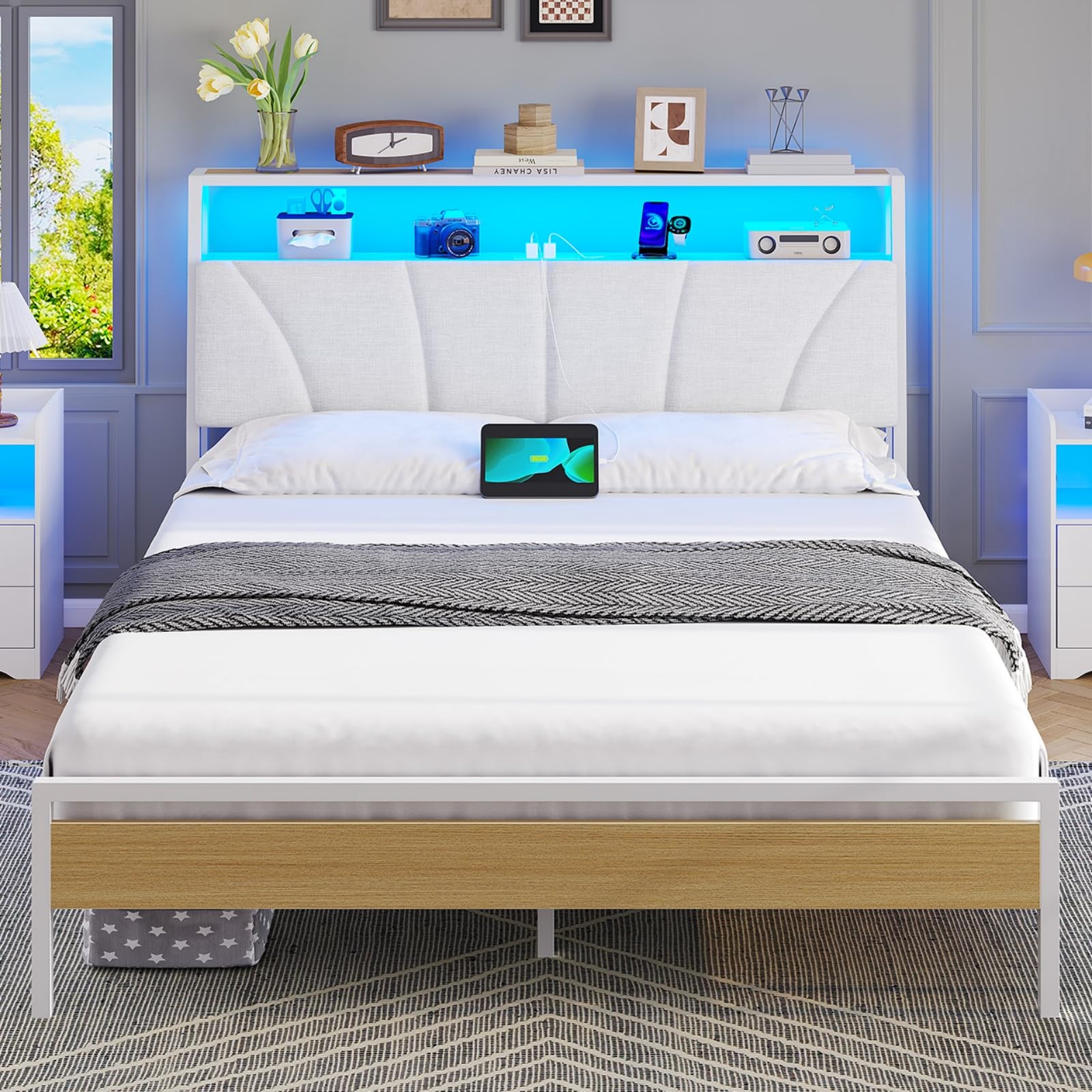 Brinlawb Letto da 120 x 200 cm con illuminazione a LED e stazione di ricarica (2 prese CA, USB-A, USB-C), struttura per letto giovanile 120 x 200 cm, con testiera imbottita e 2 ripiani aperti