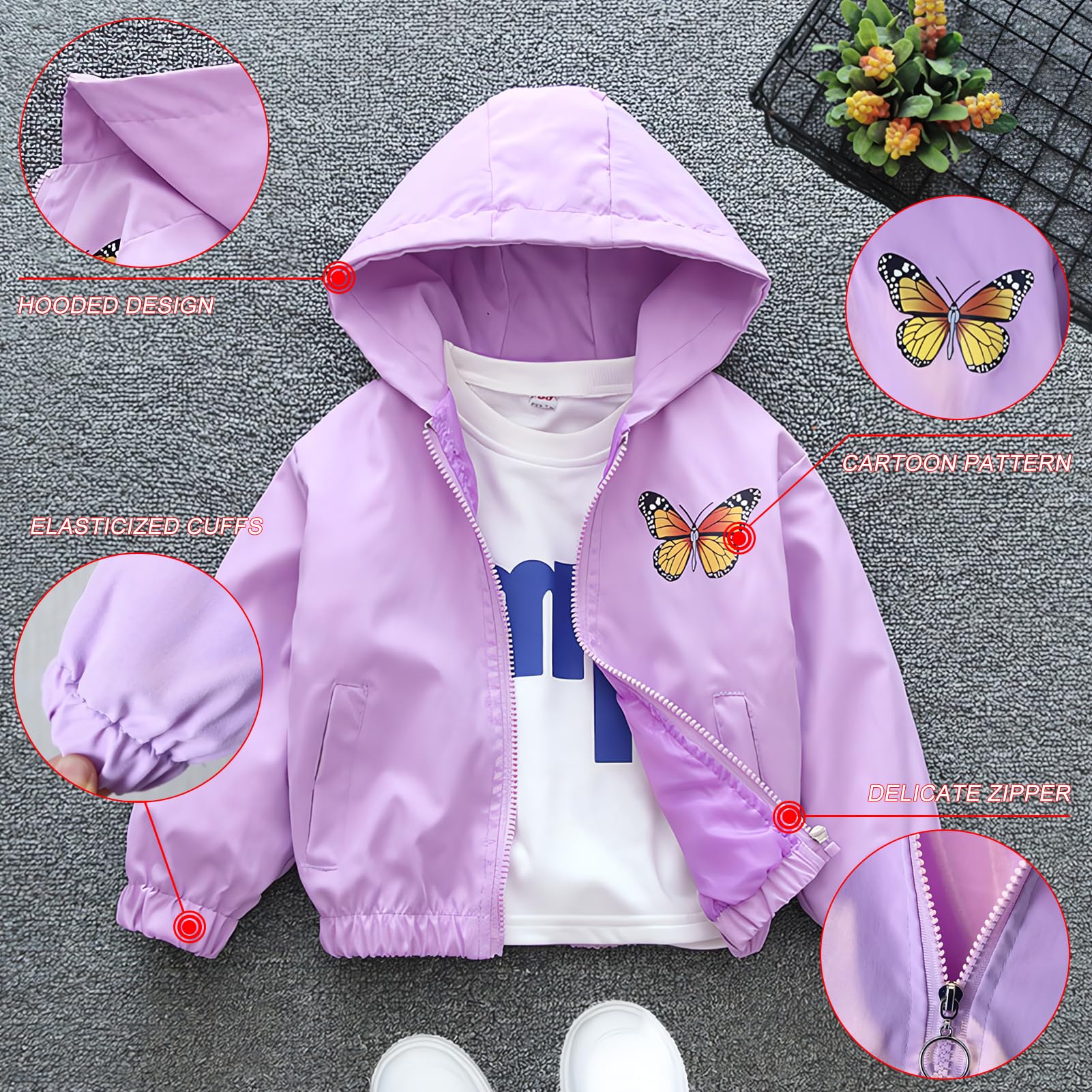 Manteau Fille Veste à Capuche Enfant Blouson Extérieure Trenchcoat avec Motif Papillon Printemps Automne