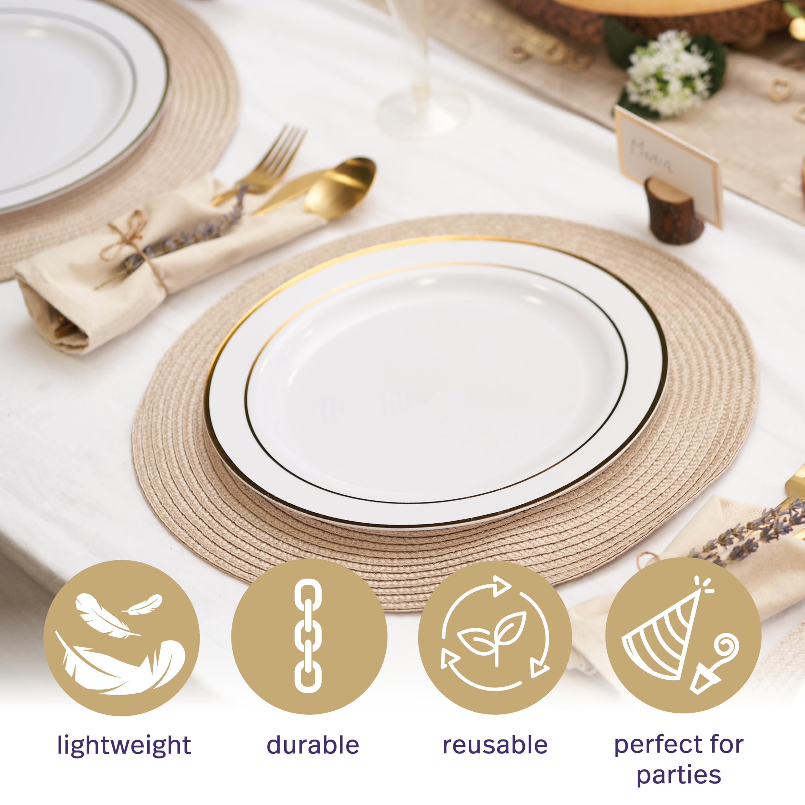MATANA 50 Premium Weiße Plastikteller mit Goldrand, Mehrweg Kunststoffteller, 26cm - Partyteller Gold für Hochzeiten, Geburtstage, Partys - Elegantes & Stabiles Partygeschirr