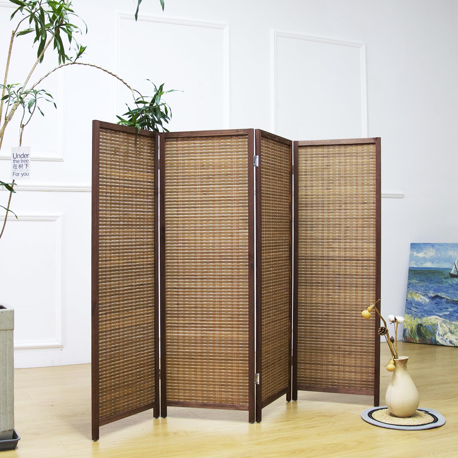 Furnnylane PF2500804 Séparateur de pièce à 4 panneaux – Paravent pliable double face en bambou pour séparation de pièce – Marron – 120 x 156 cm (H x l)