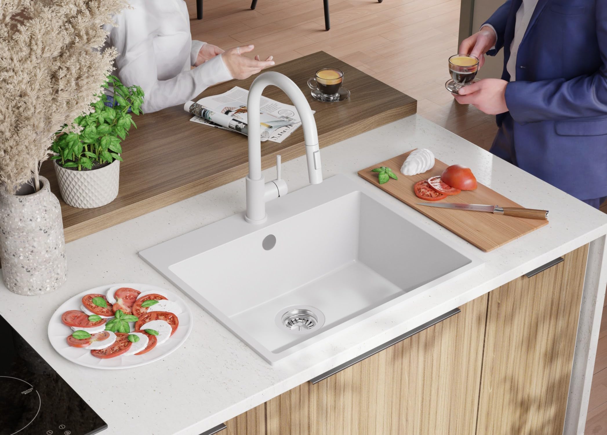 PRIMAGRAN Lavello da Cucina Tutto Bianco 58x50cm, Lavandino in Granito a 1 vasca + Sifone Classico, Lavabo da Cucina Incasso al Mobile 60cm - Riga S312