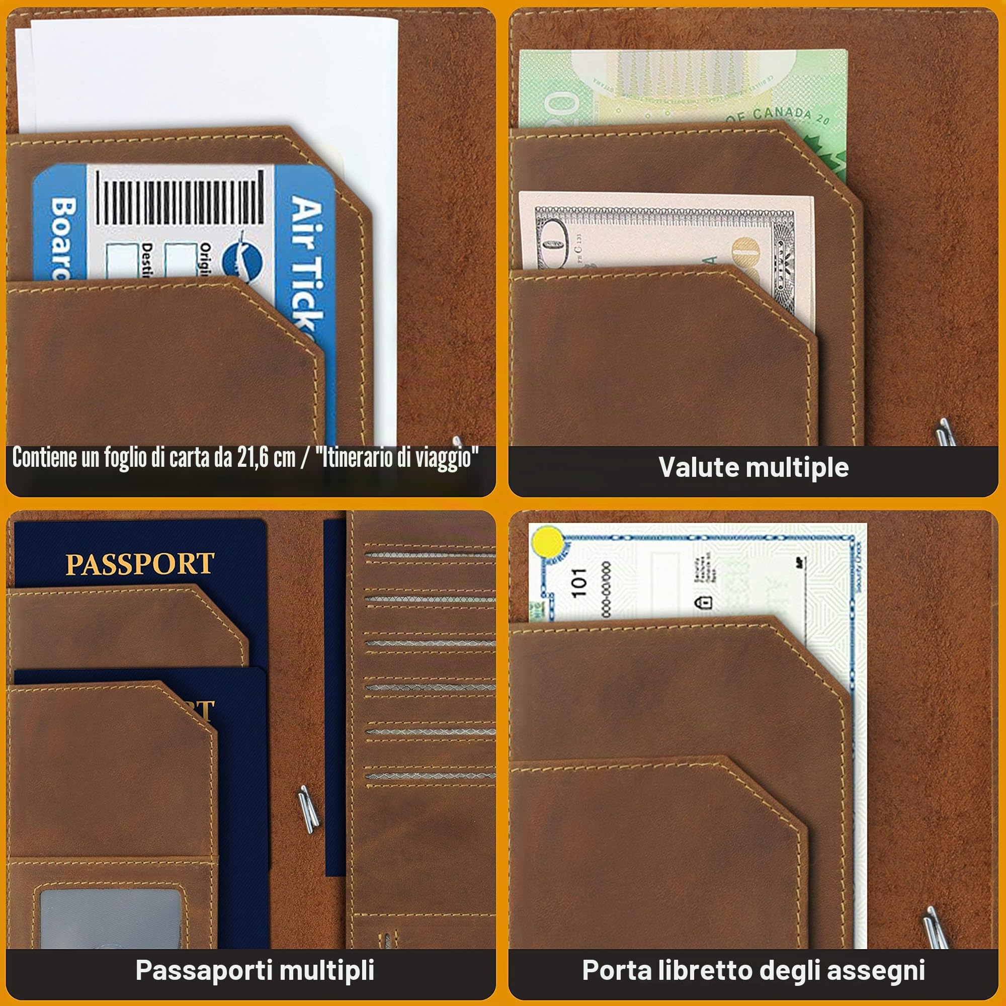 WANDERINGS Portapassaporto e portafoglio da viaggio in pelle Blocco RFID, taccuino da viaggio e portafoglio in vera pelle per uomo e donna, portapassaporto e portafoglio da viaggio, 11x23 cm