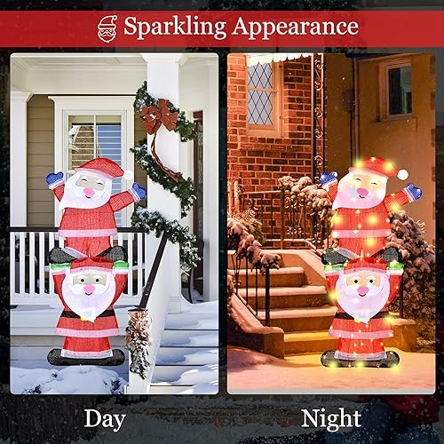 Miniatura 6 de Tangkula Letrero de Navidad doble de Papá Noel con luces LED, letrero de luz de Navidad al aire libre con estacas y luces de cadena, letrero de