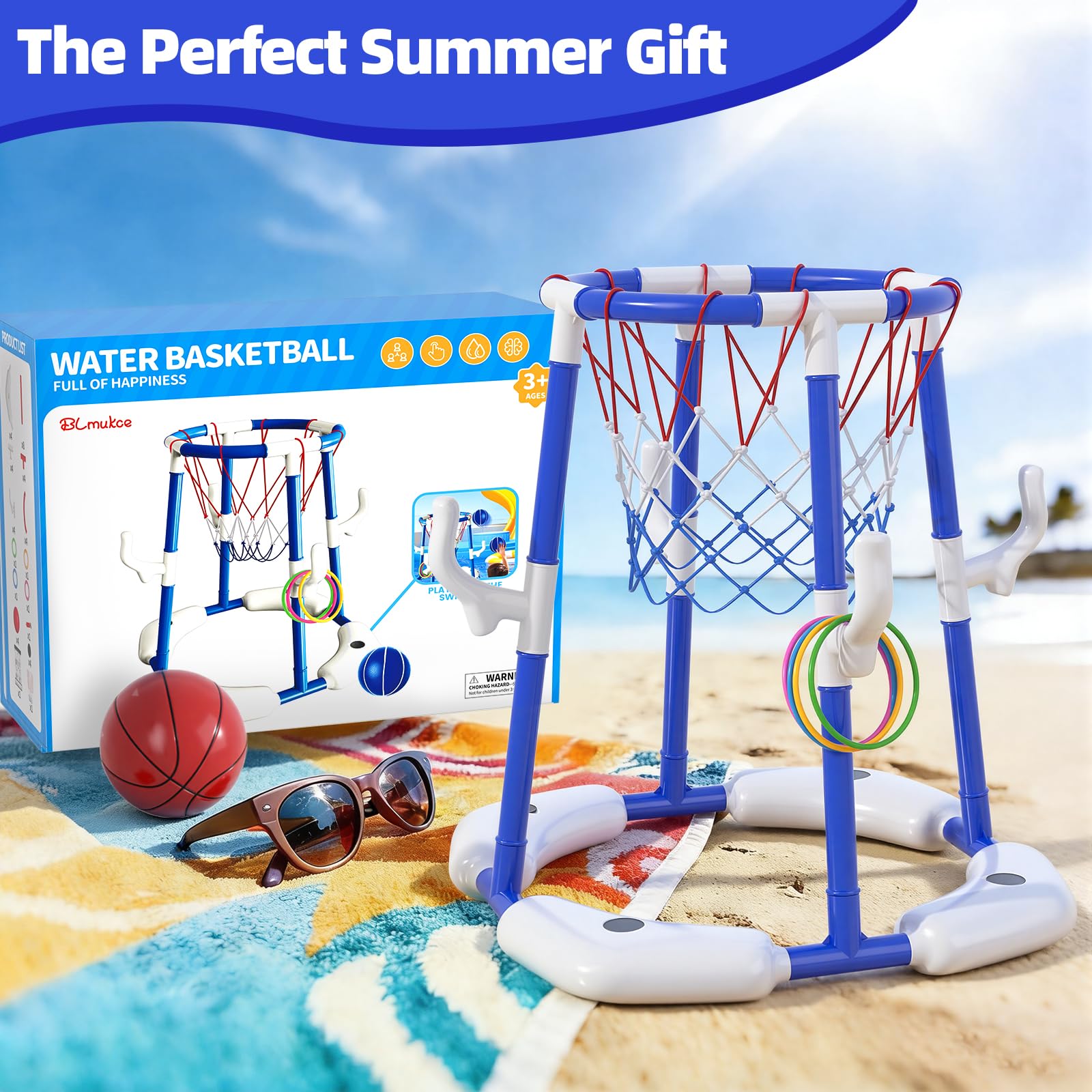 Pool Basketballkorb für Kinder 4-12 Jahre – 2-in-1 Schwimmendes & Oberirdisches Wasserspiel mit 4 Bällen, Pumpe