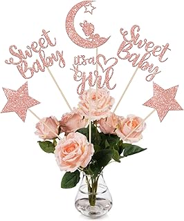 12 PCS Sweet Baby Girl Centerpiece Sticks with Moon Glitter Star Baby Shower Table Flower Centerpieces Sticks It's a Girl Floral Decorations for Gender Reveal Girls Birthday Party Supplies Rose Gold