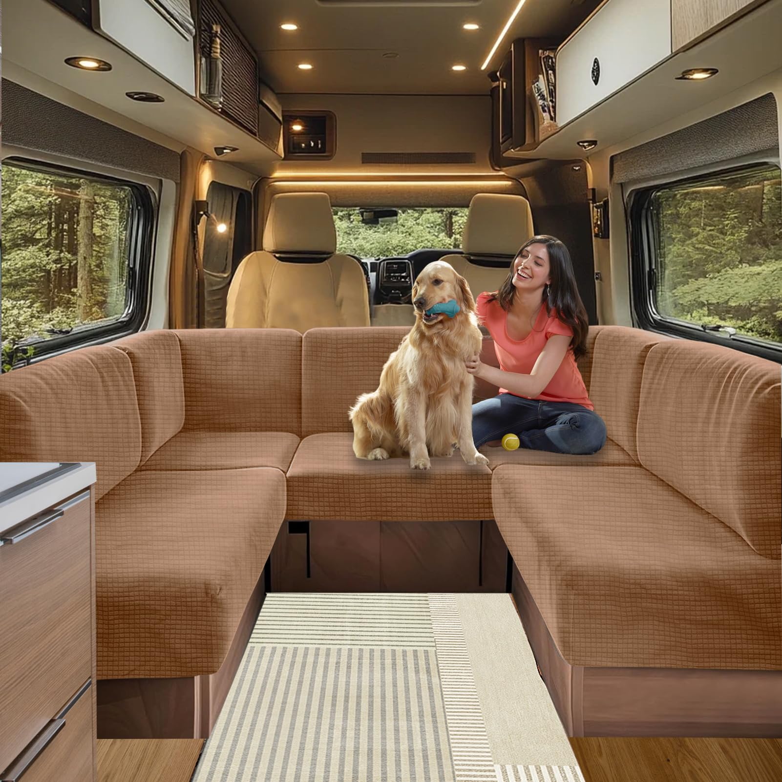 Caravan Seat Cover Stretch Jacquard, Non-slip RV Dinette Cushion Covers, for Caravan Camper Sofa Anti-Slip Kids and Pets-Friendly Washable (Camel,W 65-95cm, D 65-95cm)