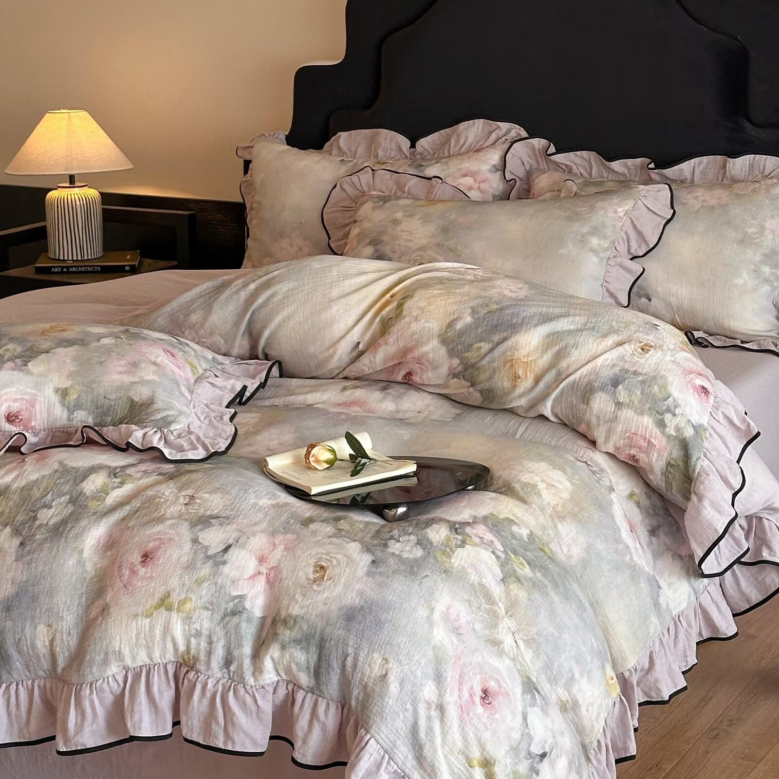 mixinni Vintage Princess Style Duvet Cover Set Full Size - 100% Cotton Crinkle Gauze Floral Bedding Set with Ruffled Lace, Romantic Cottagecore Aesthetic, Soft & Breathable Comforter Cover