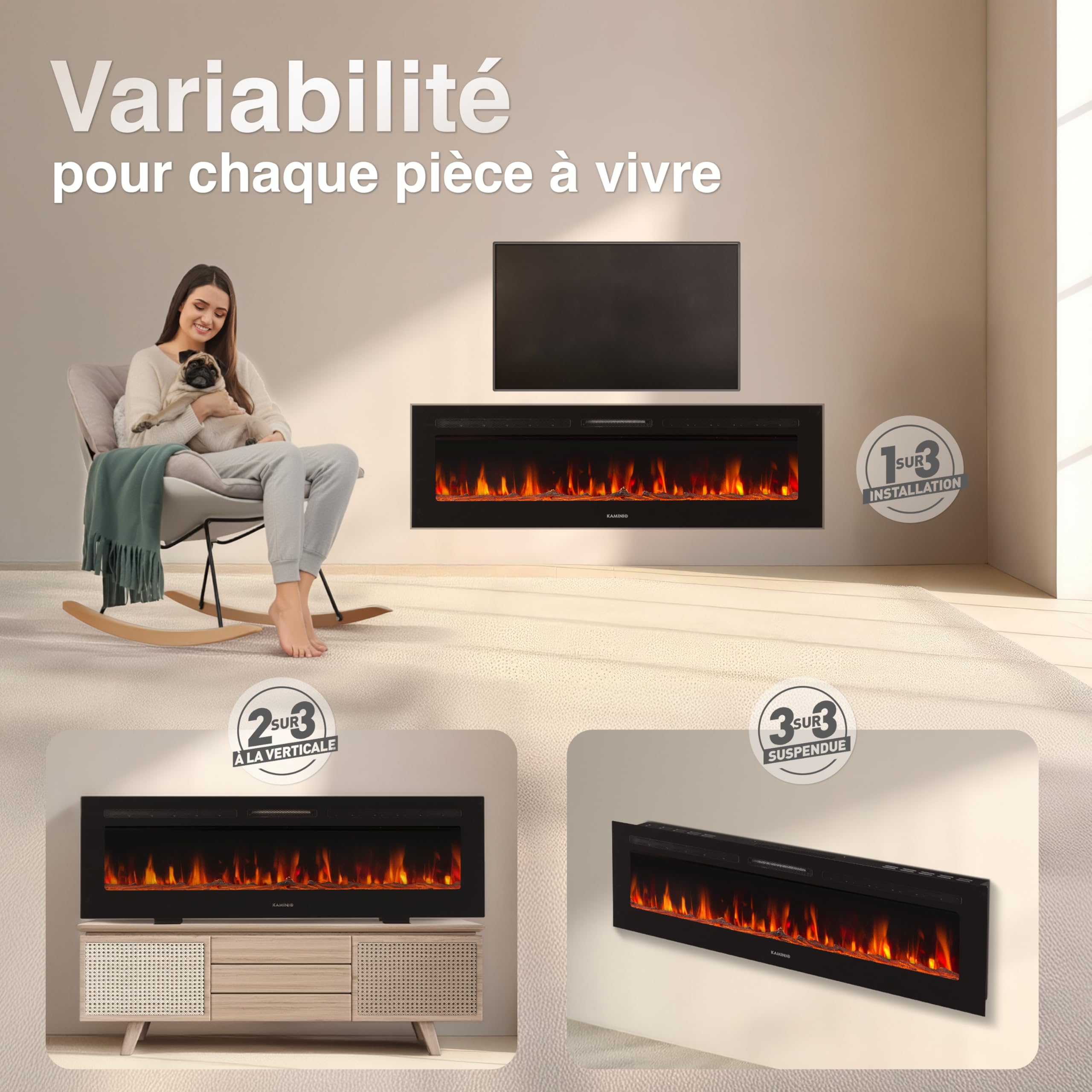 KAMINIO Cheminée Electrique Marlon - Cheminée Électrique 3-en-1 avec Chauffage, Effet de Flamme 3D, 12 Couleurs de Flammes, télécommande (70 Pouces) - 2