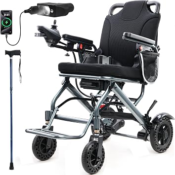 35LB Lightweight Electric Wheelchairs for Adults - 360W Motor Portable Motorized Wheelchair with Foldable Walking Stick, Bear 300 Lbs&Airplane Approved, for Home/Outdoors/Travel/Shopping