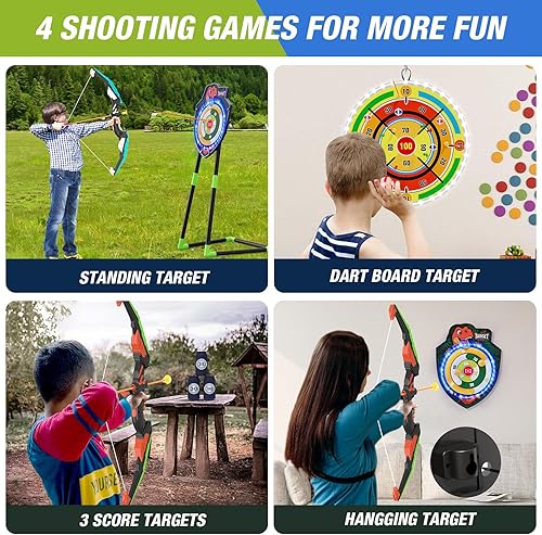 Vista 51 de Arco y flecha para niños, juego de tiro con arco con luz LED con 12 flechas de ventosa, 1 objetivo de pie, 3 objetivos de puntuación y 1 carcaj