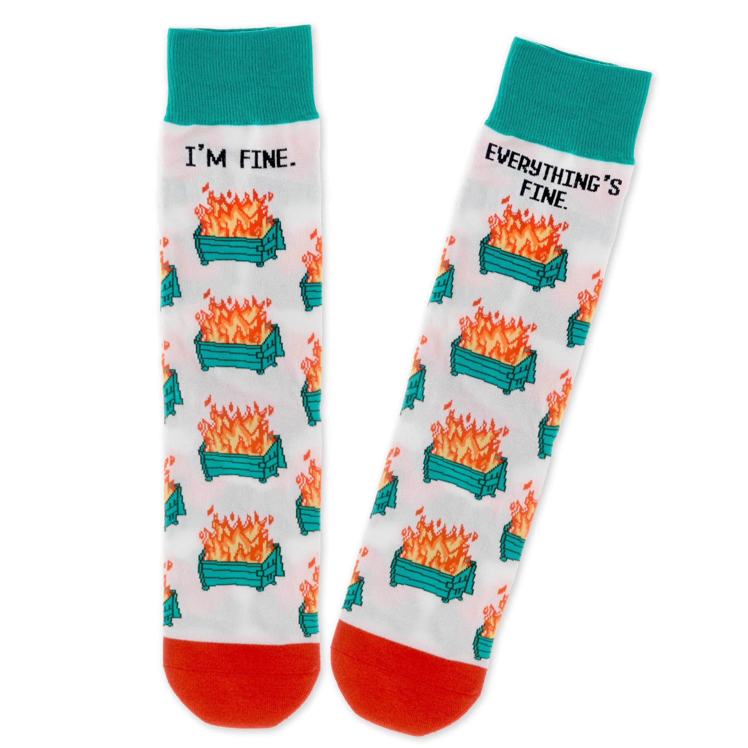 Hallmark Funny Socks, Shoebox Dumpster Fires Design, Everything's Fine, Novelty Gift, Men, Women, Green, Red, White
