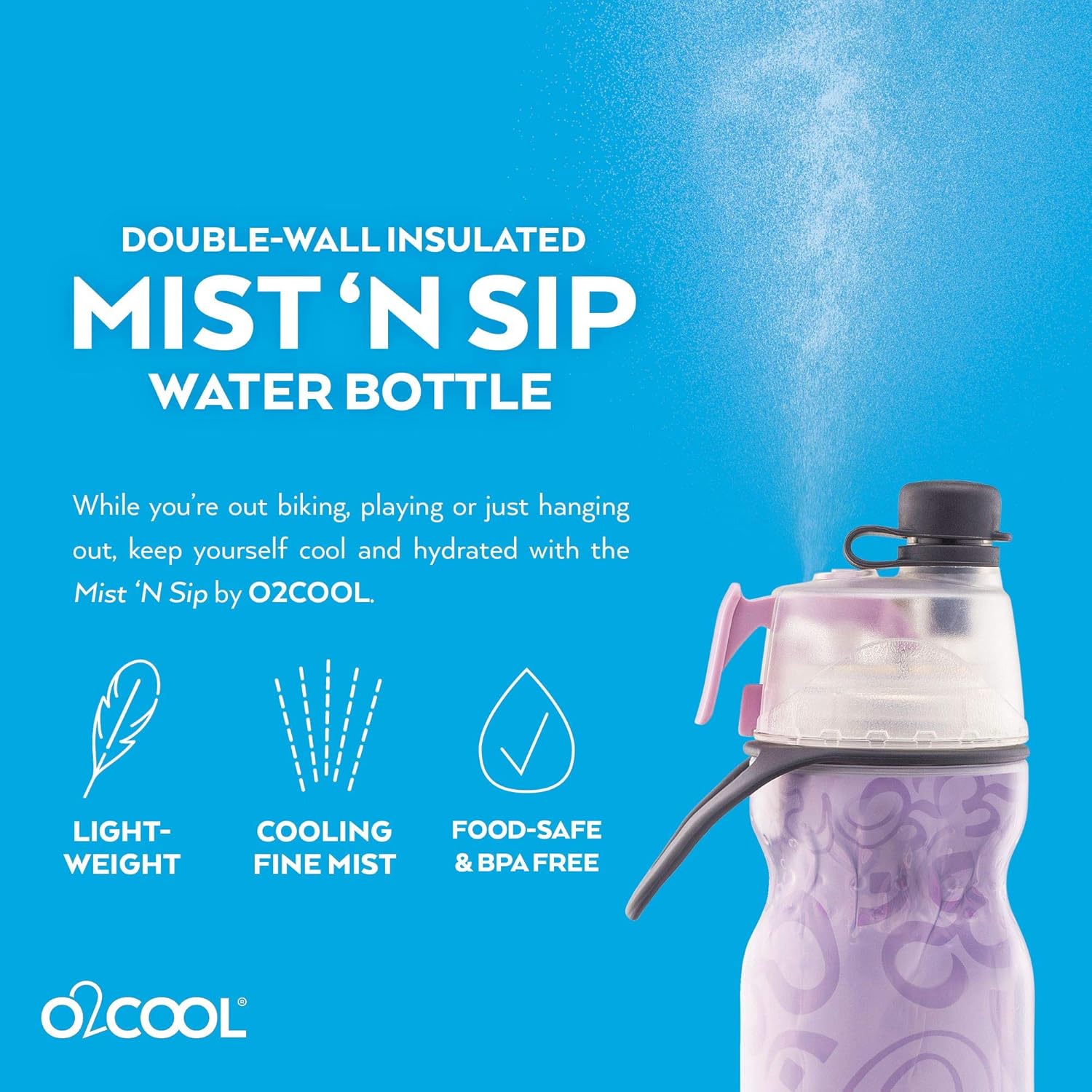 O2COOL Mist 'N Sip Misting Water Bottle 2-in-1 Mist And Sip Function With No Leak Pull Top Spout Reusable Sports Water Bottle - 20 oz (Yoga Lilac) - Image 5