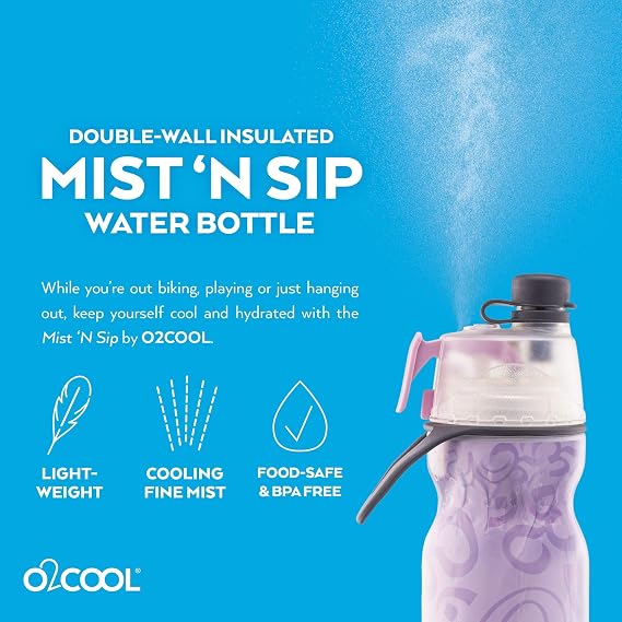 Misting Insulated Water Bottle, Mist' n Sip Yoga Series by o2cool, 20 oz, Pink