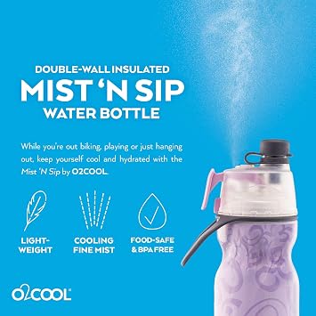 Misting Insulated Water Bottle, Mist' n Sip Yoga Series by o2cool, 20 oz, Pink