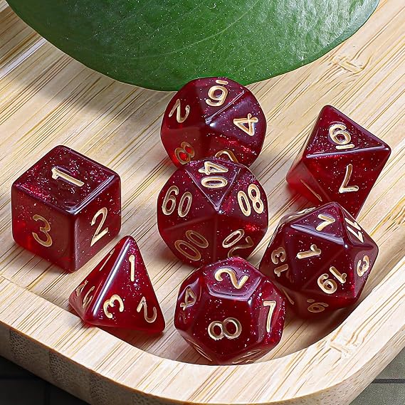 QMAY Polyhedral Spielwürfel - 7 Stück Würfel (Rot + Glitter)