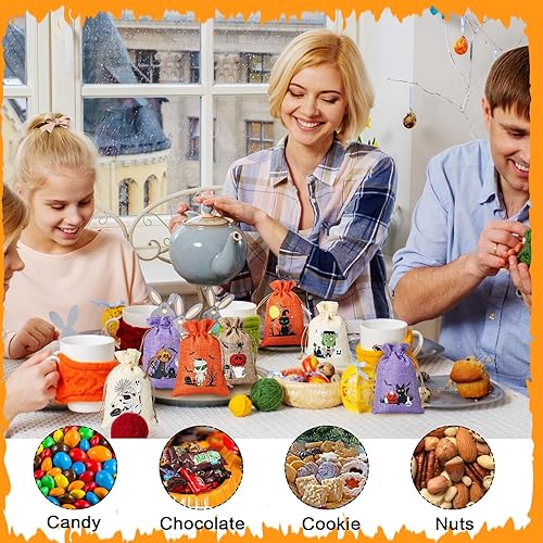 Miniatura 3 de Abbylike 50 bolsas de arpillera de Halloween de 4 x 6 pulgadas, bolsas de regalo de arpillera de Halloween, mini bolsas con cordón, bolsas de regalo