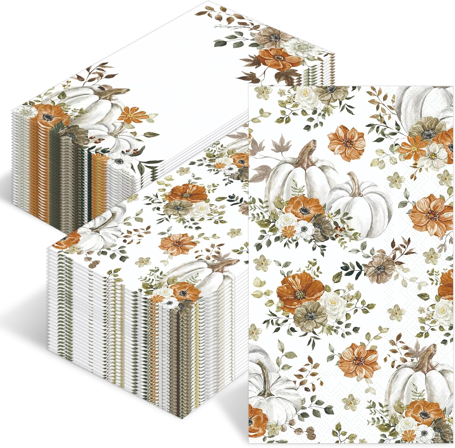 100 PCS Fall Napkins for Decoupage, White Pumpkin Disposable Thanksgiving Paper Napkins 3 Ply Watercolor Pumpkin Flower Cocktail Hand Towel for Family Thanksgiving Harvest Party Supplies