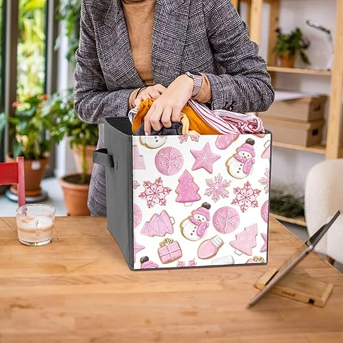Miniatura 7 de MEIKKO Pink Christmas Cookie Cube Storage Bins Merry Xmas 11 Inch Storage Cubes Foldable Decorative Fabric Storage Baskets for Organizing Home