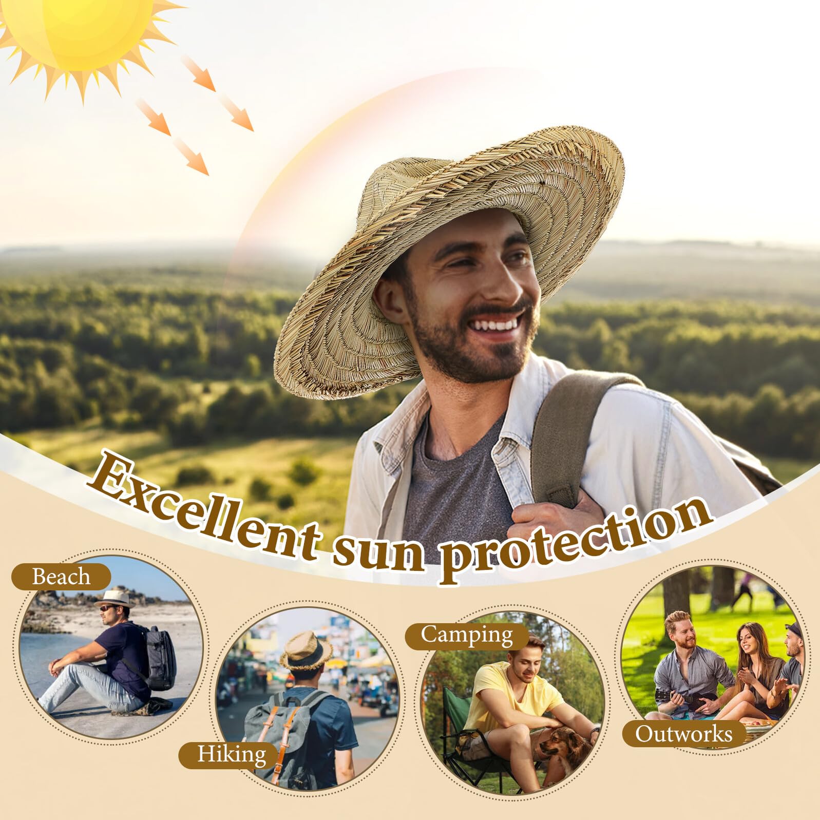 Baluue Sombrero de Sol para Hombre ala Ancha L 58-60 Cm Sombrero de Playa Ligero de Paja Protección UV para Exteriores, Viaje y Vacaciones Verano