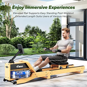 MERACH Foldable Wood Rowing Machine for Home Gym, Water Resistance Rower with 6 Levels, Max 180 kg Weight Capacity, Built-in Monitor, Comfortable Seat, App Compatible for Immersive Fitness Workout