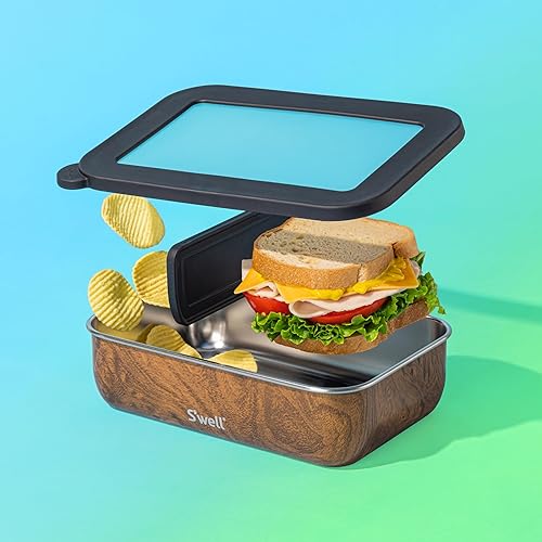 Miniatura 5 de S'well Caja Bento de Acero Inoxidable, Madera de Teca, Para Un Plato Grande o Plato Pequeño y Snack, Incluye Divisor Removible, A Prueba de Fugas,