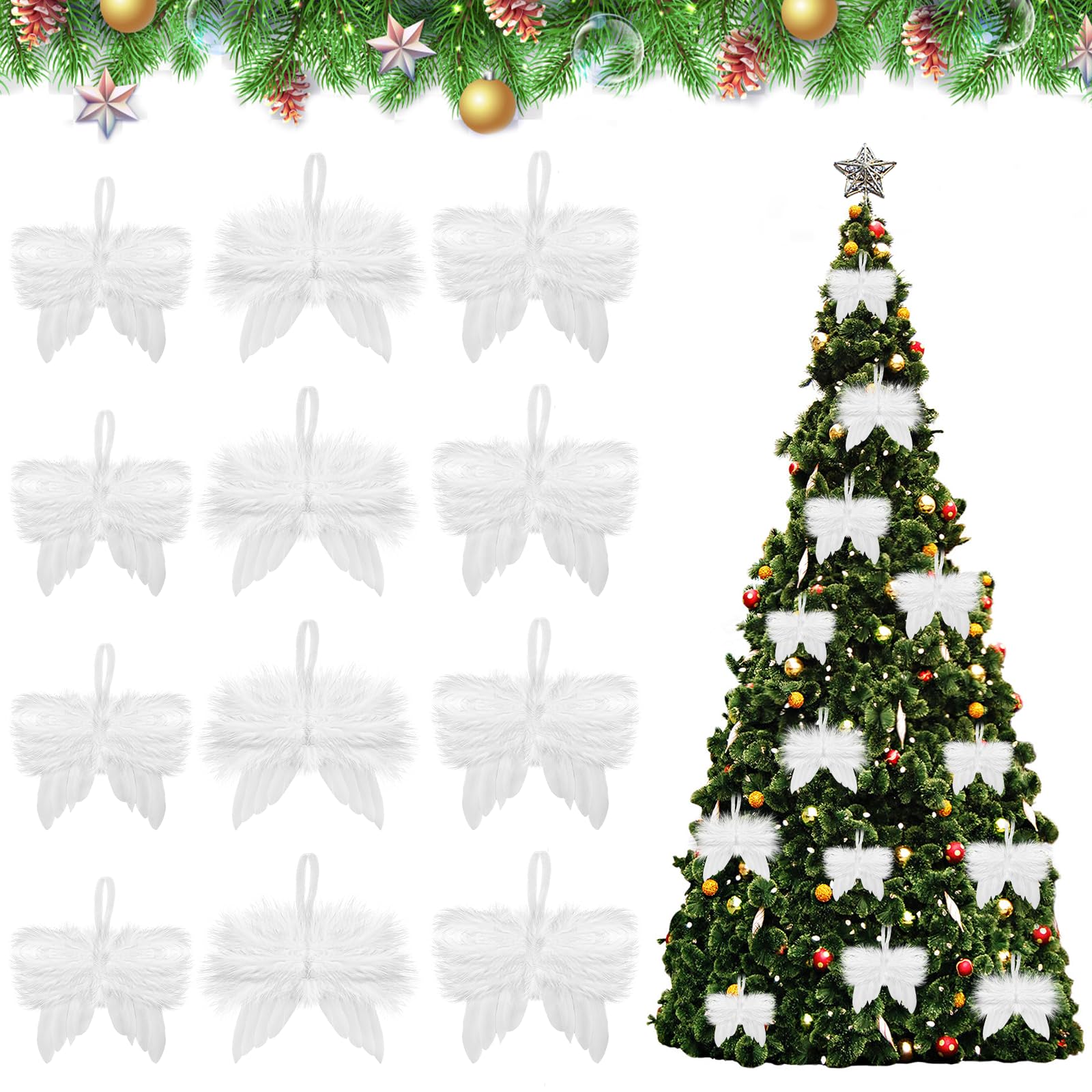 12 Piezas Navidad Plumas Decoracion Blanco, Adornos Colgantes de Alas Ángel de Navidad, Decoración Árbol de Navideña de ala de Plumas (B)