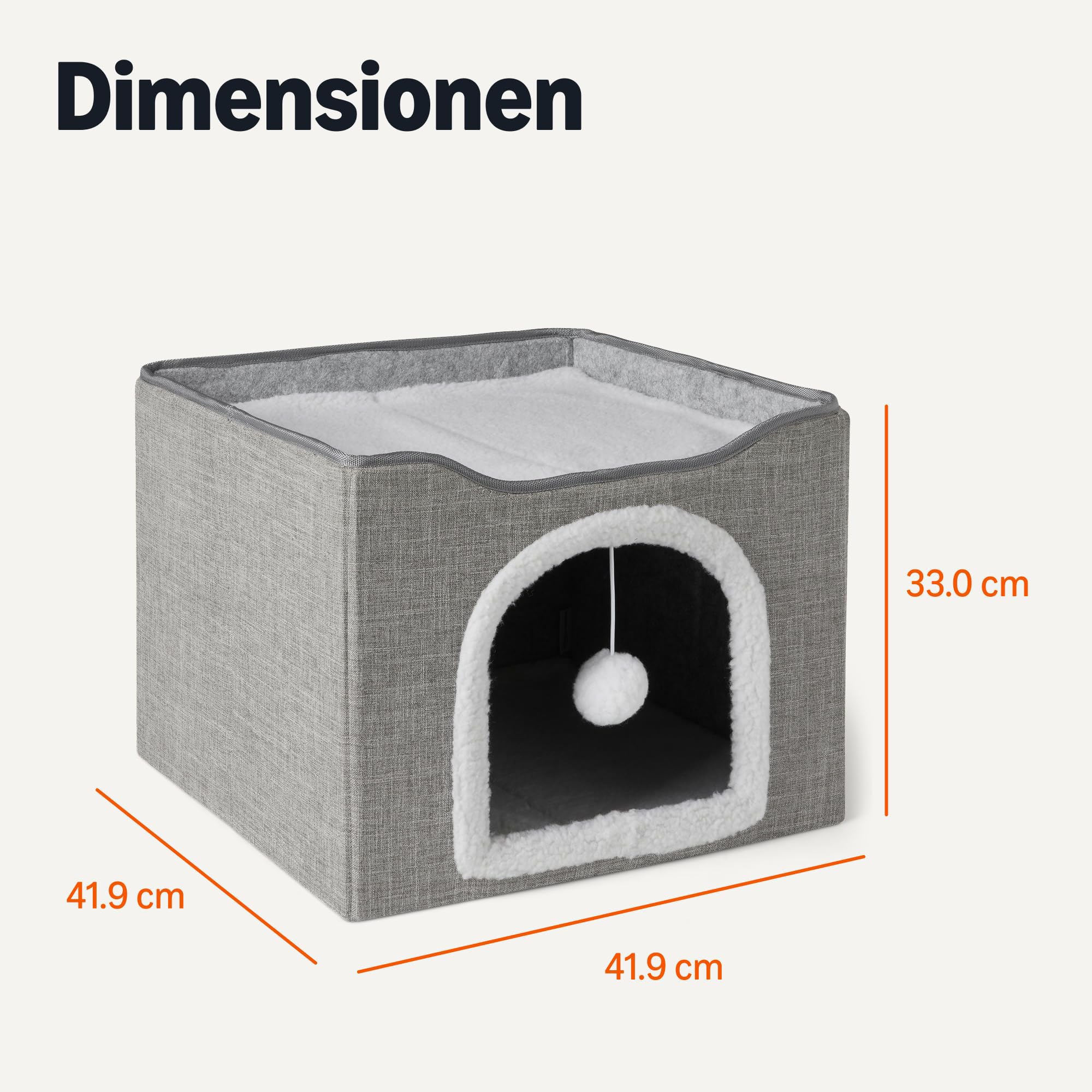Amazon Basics Katzenhaus 1-Stöckiges Katzenbett für Hauskatzen, Katzenwürfel mit Spielball zum Aufhängen und Kratzmatte, Faltbare Katzenhöhle, 41,9cm x 41,9cm x 33,0cm, Grau
