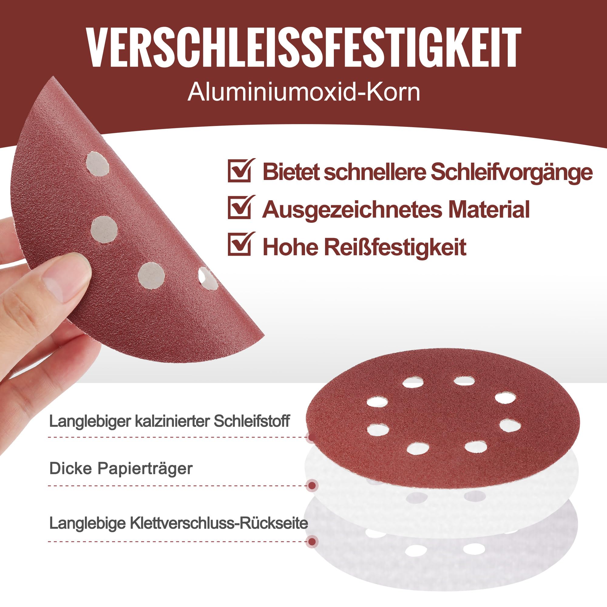 WORKPRO 150 Stück Schleifpapier 125mm Klett Schleifscheiben, Schleifblätter Körnung 60/80/100/150/180/240/320/400/600, 8 Loch Rund für Exzenterschleifer