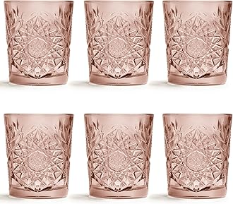 Drinking Glass Hobstar Pink - 355 ml / 35.5 cl - 6 Pieces - Vintage Design - Dishwasher Safe