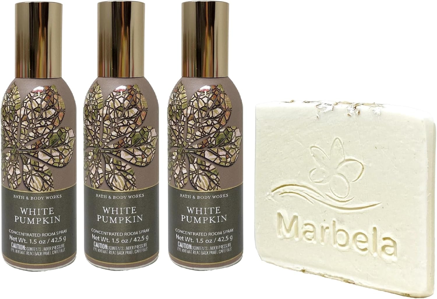 Bath & Body Works White Pumpkin Concentrated Room Spray 3 Piece Bundle with a Natural Oats Sample Soap