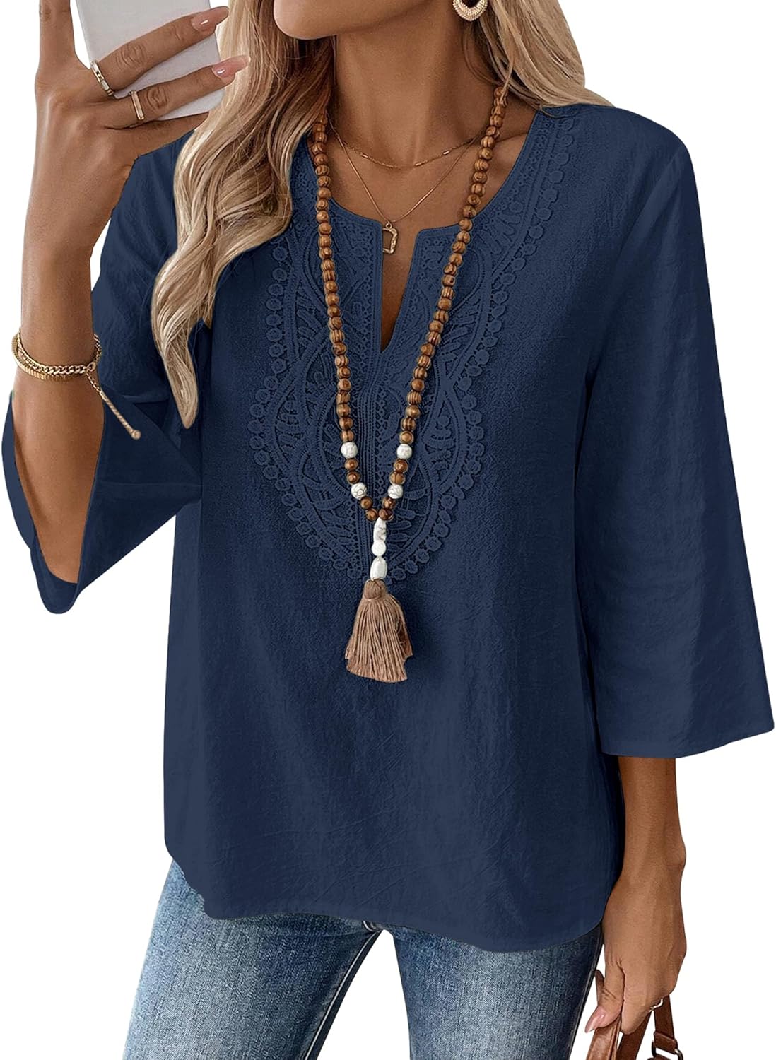 LOMON Womens 3/4 Sleeve Tops Cotton Linen Shirts V Neck Lace Casual Loose Fit Blouses Boho Fashion
