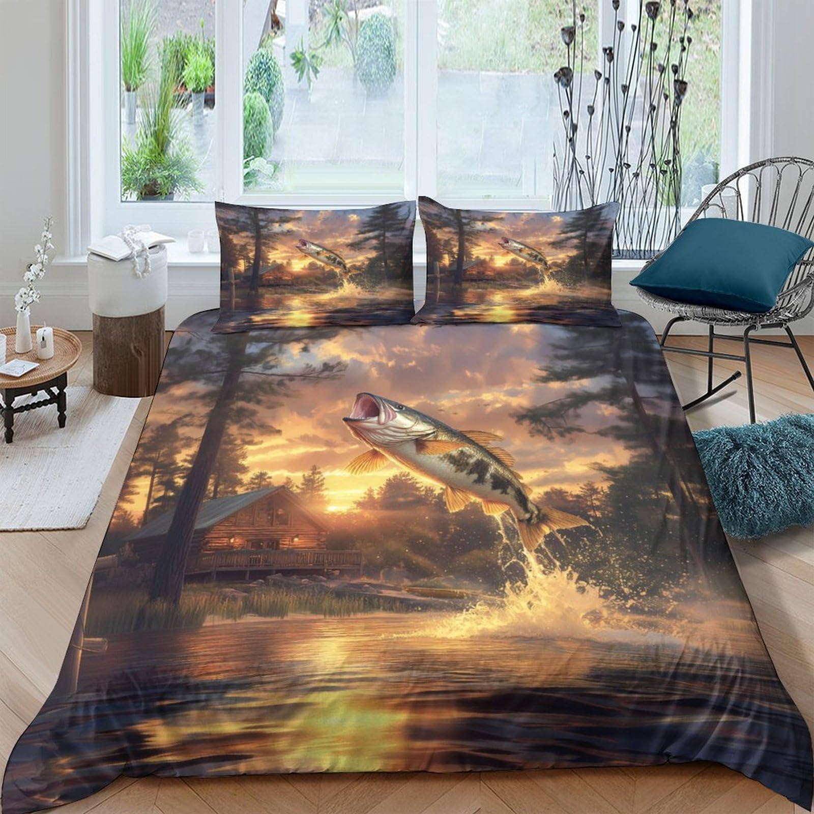 Ctjqhvkz Style-5 3D Printed Sunset Lake Fitted Sheet Microfiber Soft Breathable Jumping Fish Mattress Cover For Bedroom Decor Single（135X200cm）