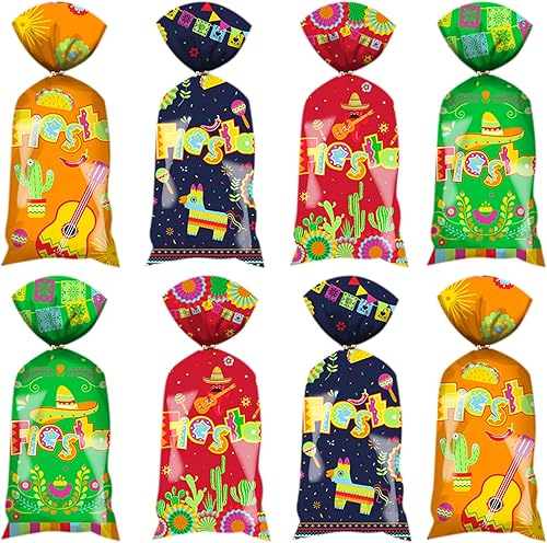 100 bolsas de celofán mexicano para fiestas, bolsas de plástico para dulces con 100 lazos dorados, temática mexicana, suministros para fiestas de