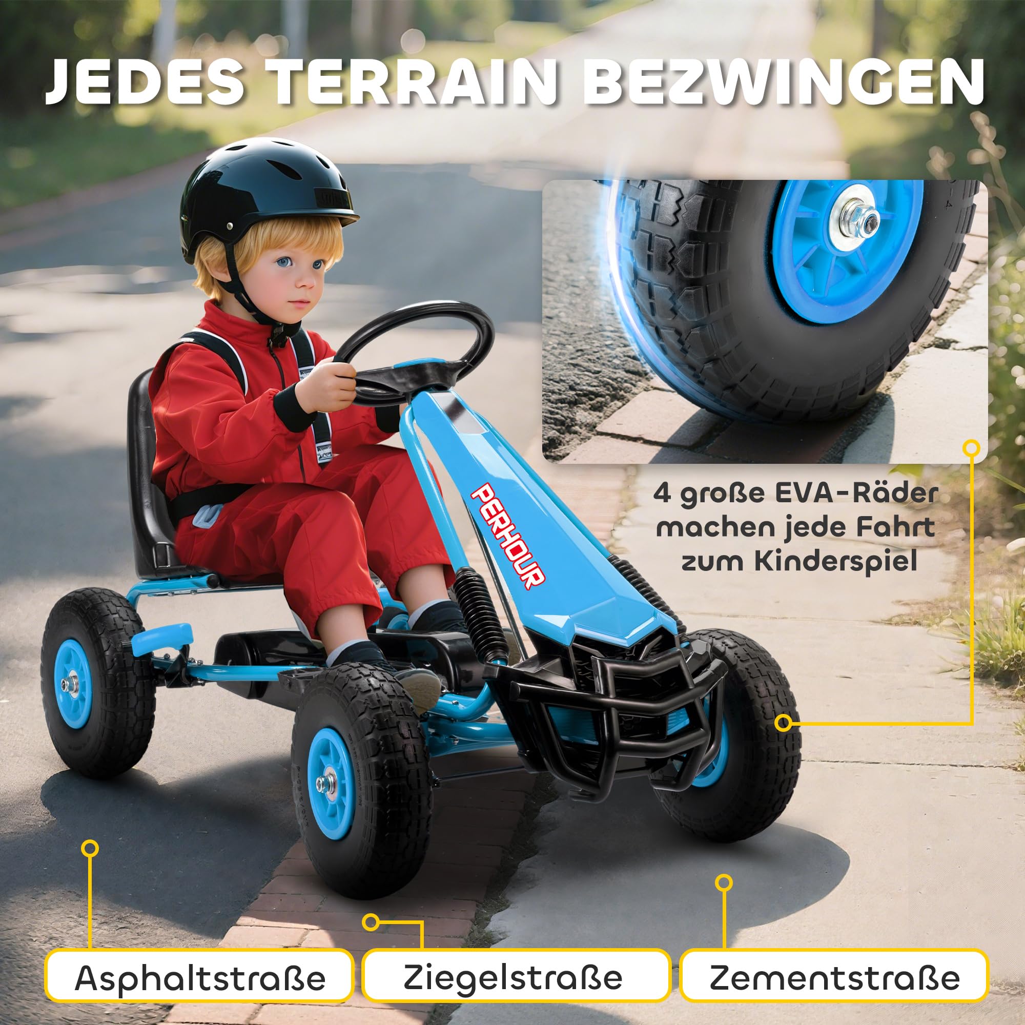 AIYAPLAY Gokart, Tretauto mit Handbremse, verstellbarem Sitz, Vor- und Rückwärtsgang, Pedalantrieb, Kinderfahrzeug mit Eva Reifen, manueller Kupplung, Tretfahrzeug für Kinder 3-8 Jahren, Blau