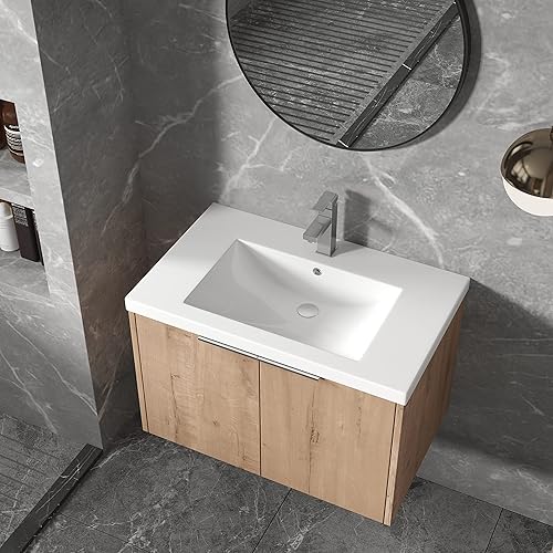 Miniatura 5 de Yoluckea Juego de tocador de baño de 30 pulgadas con lavabo montado en la pared, diseño moderno, gabinete de montaje flotante, tocador de baño con