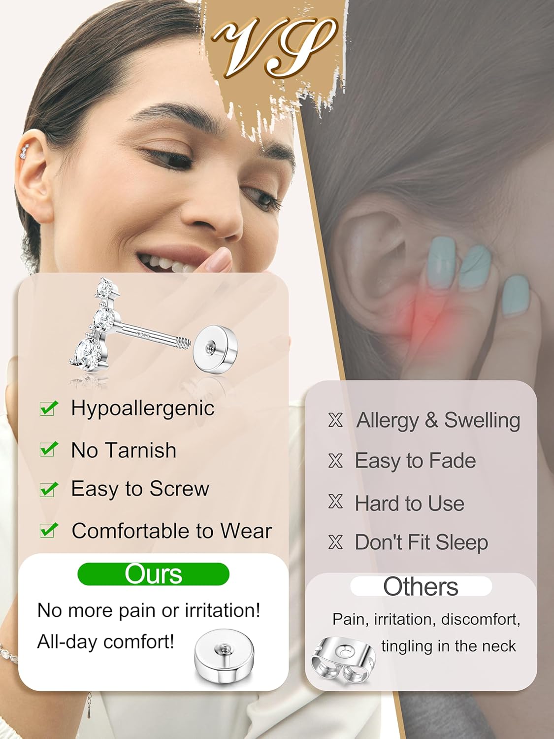 S925 Sterling Silver Flat Back Earrings for Women Hypoallergenic - 14K Gold Plated Flatback Stud Earrings Cartilage Helix Tragus Conch Piercing Jewelry 3 Pairs Dainty CZ Butterfly Studs - Image 6