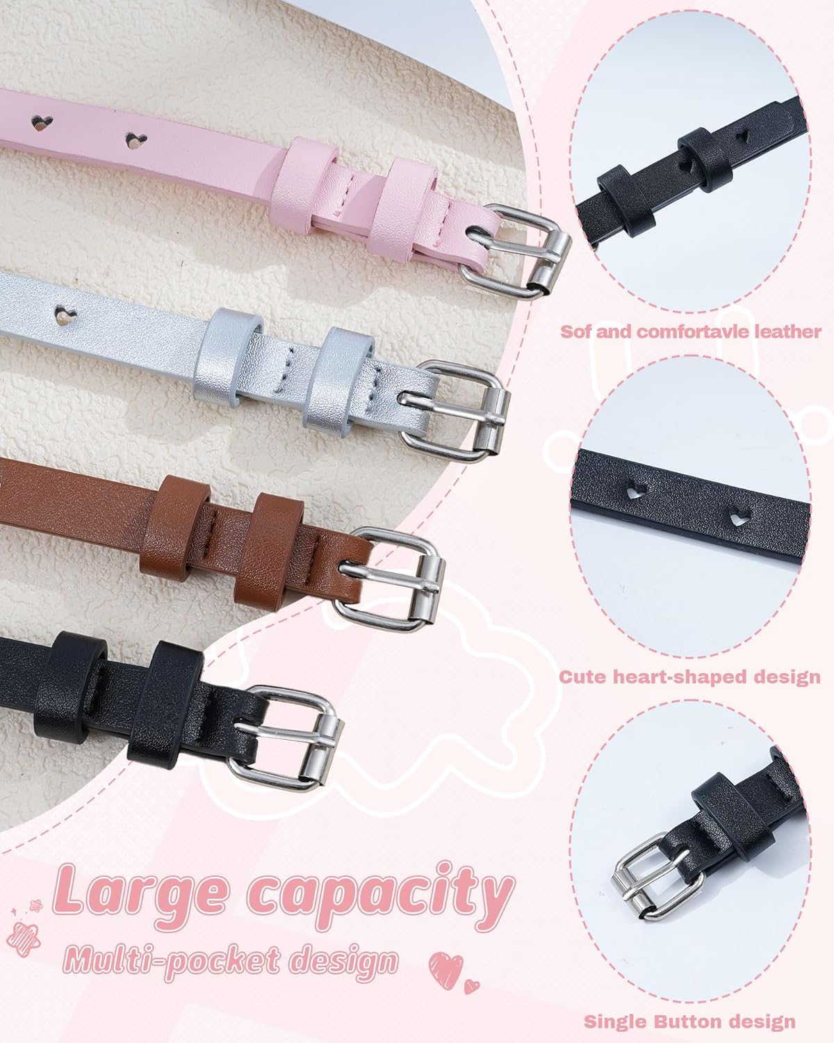 Kajeer Girls Belt for Kids, 3 Pcs Durable PU Leather Belt Metal Buckle Full Heart Hole Youth Toddler Belt for Uniform Casual - Image 2