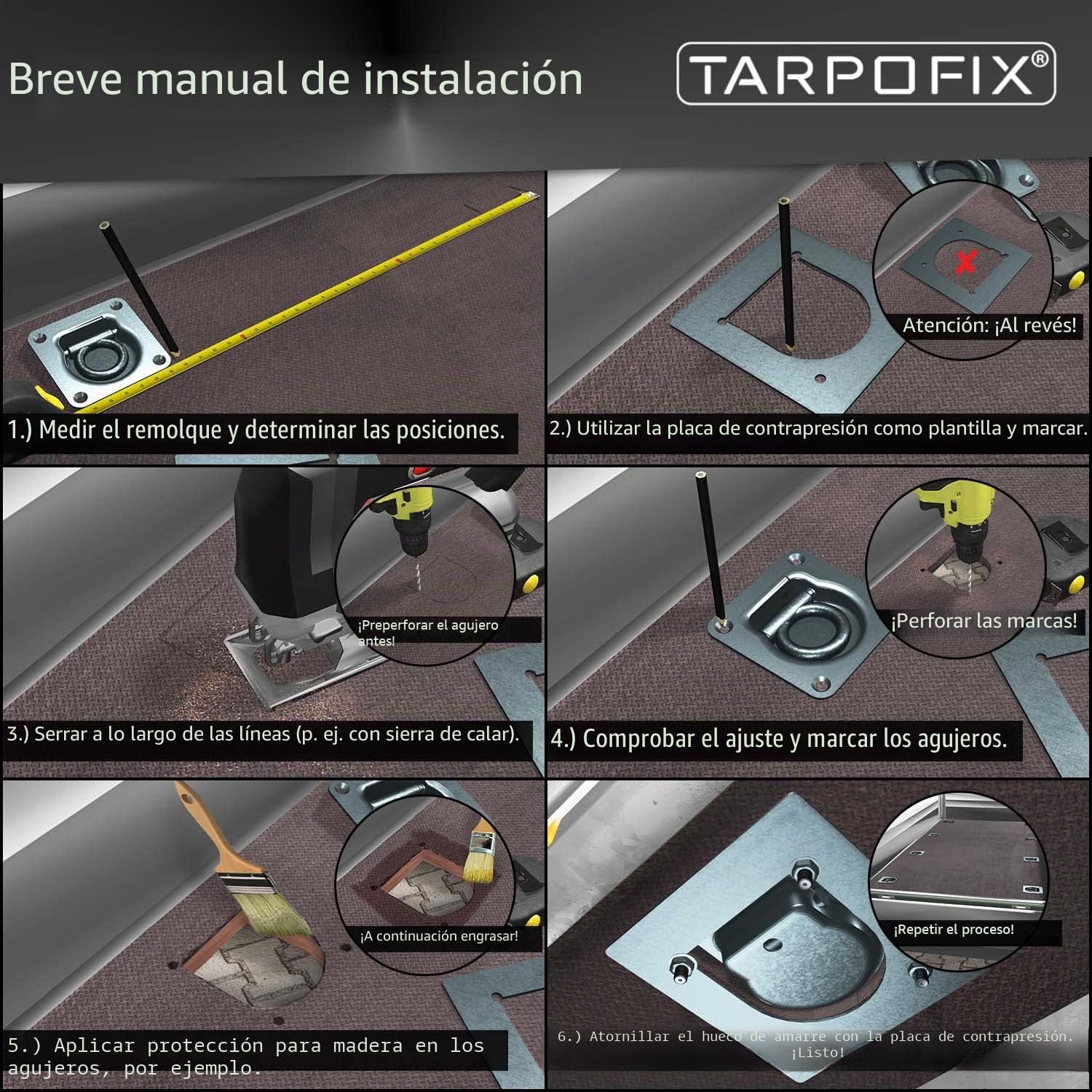 Tarpofix® Anillos de Amarre para Remolque con Contraplacas y Tornillos (6 Unidades) - Huecos Robustos con Fuerza de Tracción de 800 daN por Gancho - Rosas